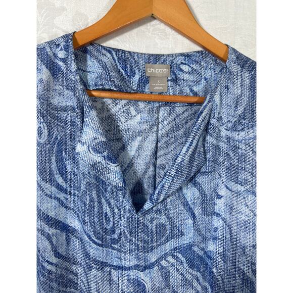 Chicos Blouse 3 XL Blue White Abstract Print Satin Dolman Sleeve Flowy Boxy - Picture 3 of 8